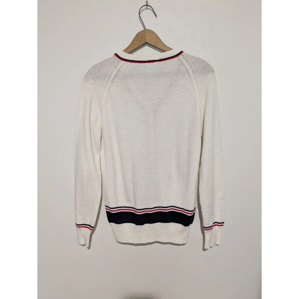 Vintage 70s Designer's Originals Acrylic Cream Cardigan Red Blue Striped S B 38